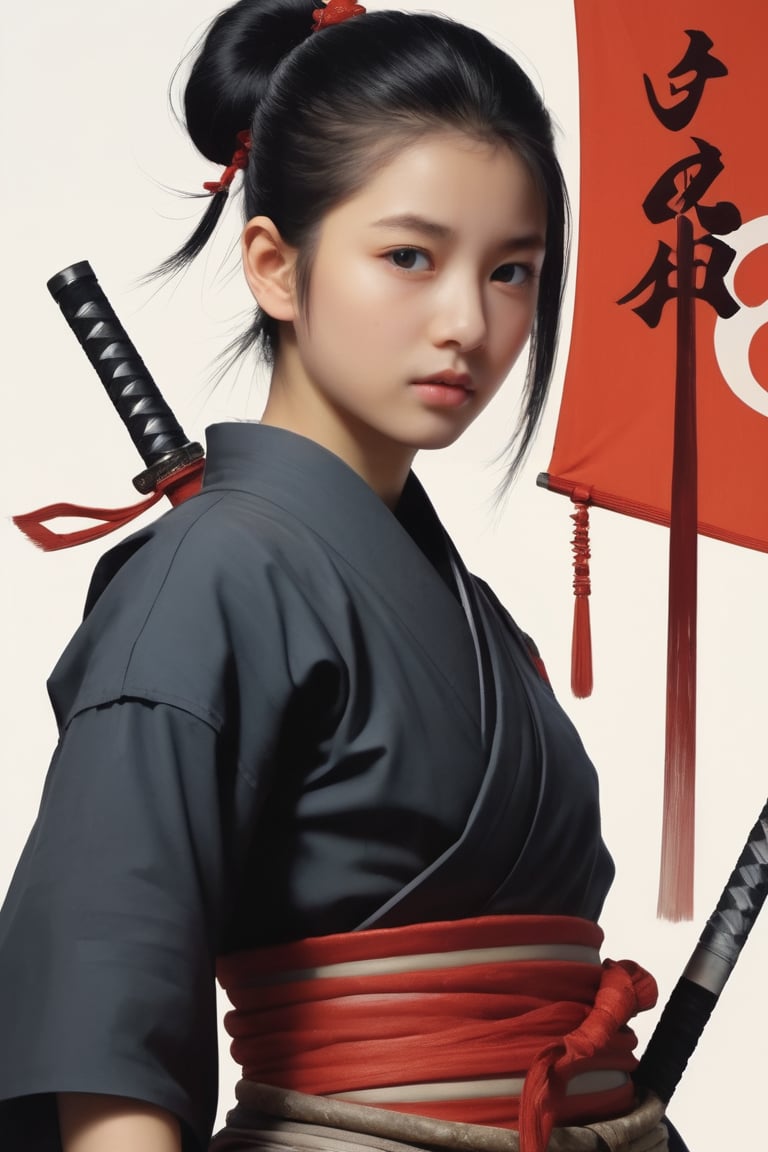 physically-based rendering, portrait, ultra-fine painting, extreme detail description, Akira Kurosawa's movie-style poster features a full-body shot of a 18-year-old European-Japanese girl, embodying the Shinobi of Japan's Warring States Period, An enigmatic female kunoichi, clad in ninja armor , This striking depiction, seemingly bursting with unspoken power, illustrates a fierce and formidable female warrior in the midst of battle. The image, likely a detailed painting, showcases the intensity of the female ninja's gaze and the intricate craftsmanship of his armor. Each intricately depicted detail mesmerizes the viewer, immersing them in the extraordinary skill and artistry captured in this remarkable,Ancient costume