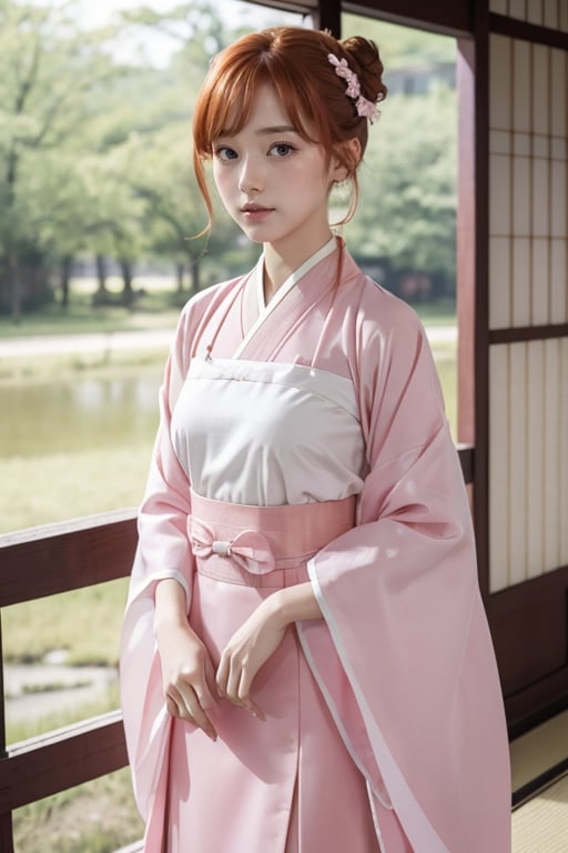 masterpiece, best quality, highres, 1girl, teen, ginger hair,buns, small breasts, pink hanfu dress,pencil skirt,japanese girl, 