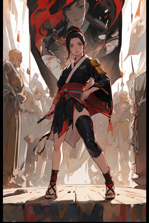 physically-based rendering, portrait, ultra-fine painting, extreme detail description, Akira Kurosawa's movie-style poster features a full-body shot of a super cute 18-year-old European-Japanese girl, embodying the Shinobi of Japan's Warring States Period, An enigmatic female kunoichi, clad in ninja armor , This striking depiction, seemingly bursting with unspoken power, illustrates a fierce and formidable female warrior in the midst of battle. The image, likely a detailed painting, showcases the intensity of the female ninja's gaze and the intricate craftsmanship of his armor. Each intricately depicted detail mesmerizes the viewer, immersing them in the extraordinary skill and artistry captured in this remarkable 