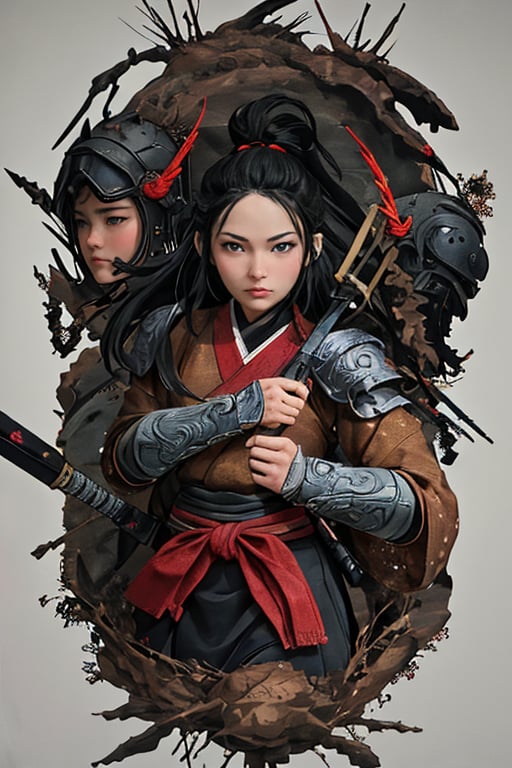 physically-based rendering, portrait, ultra-fine painting, extreme detail description, Akira Kurosawa's movie-style poster features a full-body shot of a 18-year-old European-Japanese girl, embodying the Shinobi of Japan's Warring States Period, An enigmatic female kunoichi, clad in ninja armor , This striking depiction, seemingly bursting with unspoken power, illustrates a fierce and formidable female warrior in the midst of battle. The image, likely a detailed painting, showcases the intensity of the female ninja's gaze and the intricate craftsmanship of his armor. Each intricately depicted detail mesmerizes the viewer, immersing them in the extraordinary skill and artistry captured in this remarkable 