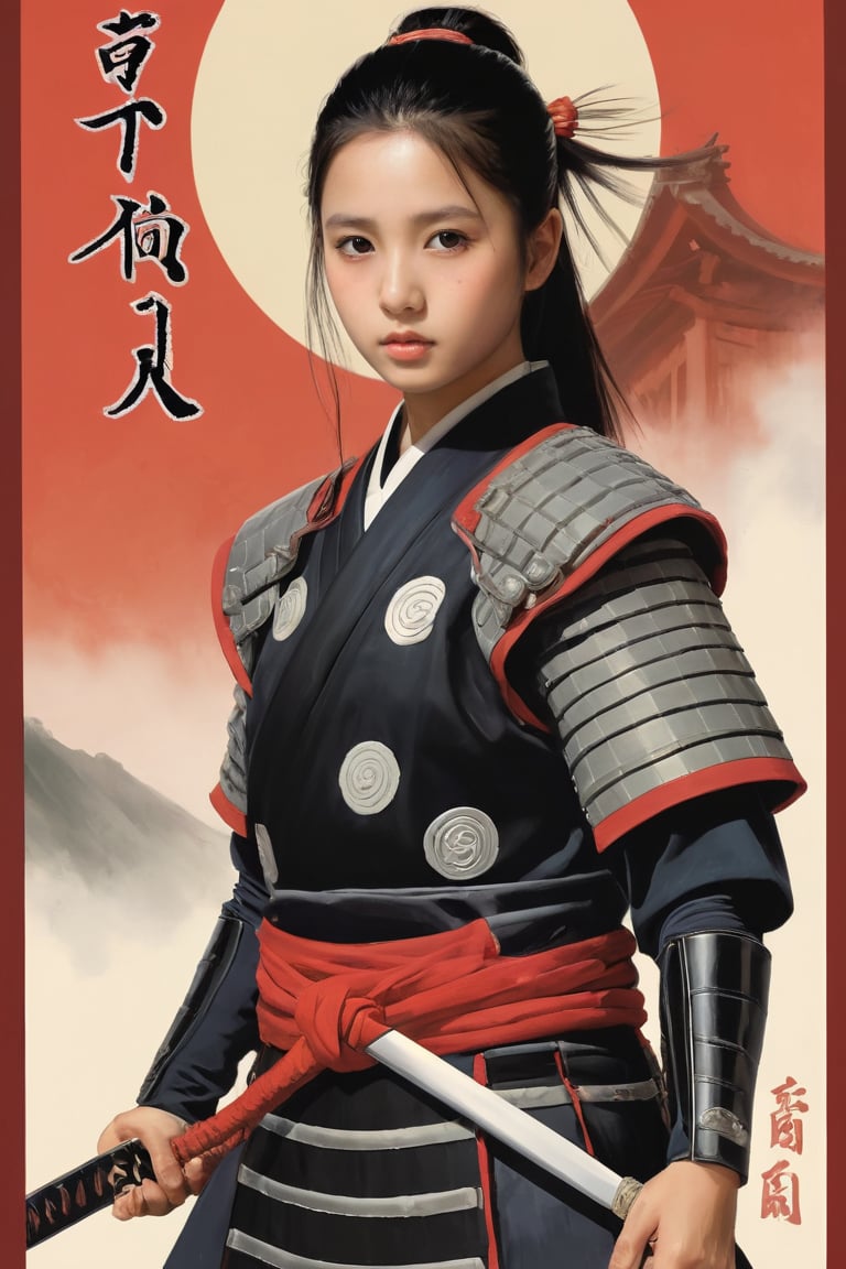 physically-based rendering, portrait, ultra-fine painting, extreme detail description, Akira Kurosawa's movie-style poster features a full-body shot of a 18-year-old European-Japanese girl, embodying the Shinobi of Japan's Warring States Period, An enigmatic female kunoichi, clad in ninja armor , This striking depiction, seemingly bursting with unspoken power, illustrates a fierce and formidable female warrior in the midst of battle. The image, likely a detailed painting, showcases the intensity of the female ninja's gaze and the intricate craftsmanship of his armor. Each intricately depicted detail mesmerizes the viewer, immersing them in the extraordinary skill and artistry captured in this remarkable,Ancient costume