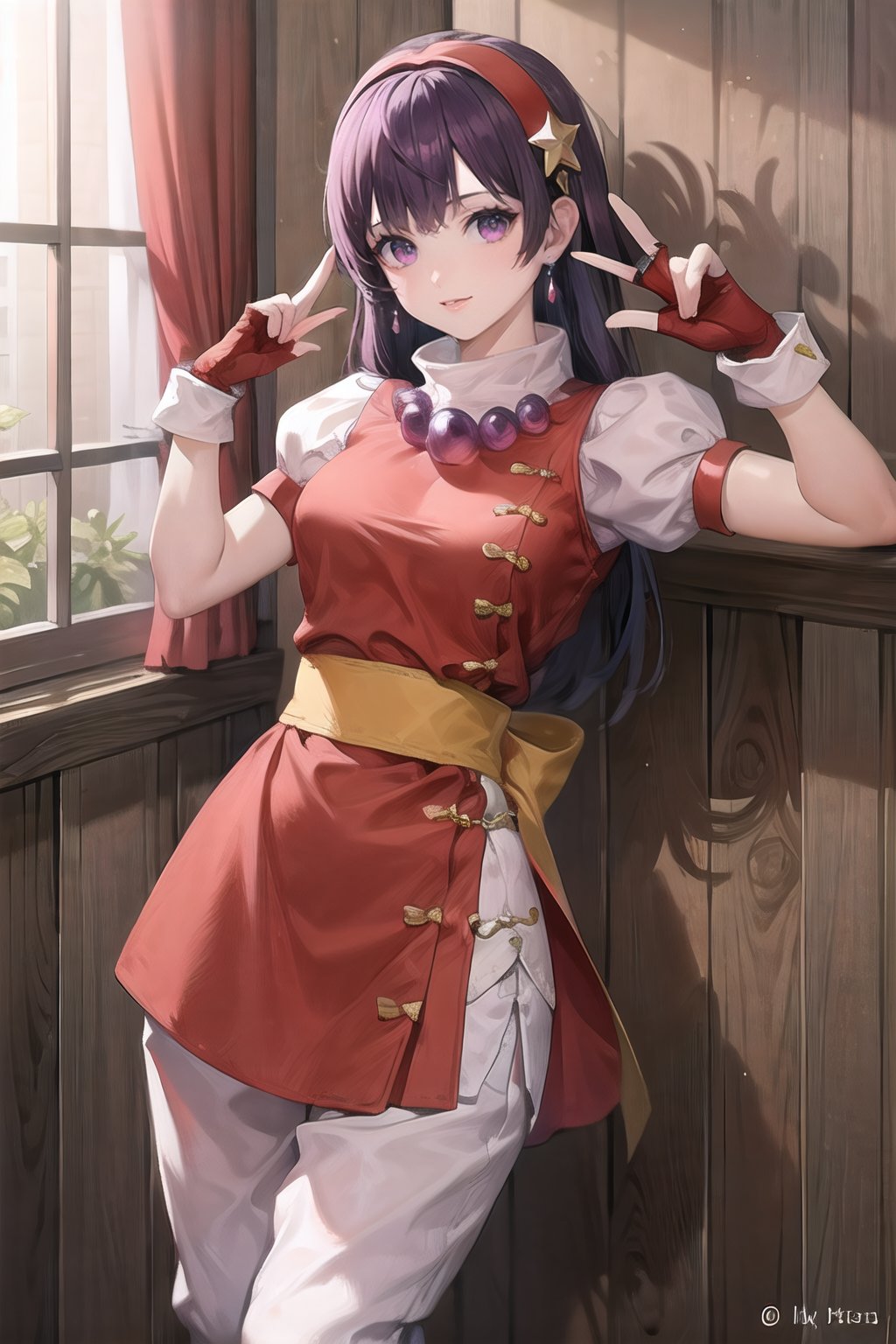 asamiya_red_top_ownwaifu,hairband,long hair,red hairband,fingerless gloves,gloves,jewelry,purple hair,star (symbol),hair ornament,purple eyes,star hair ornament,breasts,necklace,earrings,short sleeves,dress,puffy sleeves,red gloves,puffy short sleeves,sash,pants,red dress,bangs,

masterpiece,best quality,ultra detailed, 8k, cinematic light,highly detailed, scenery,pose,solo,looking at viewer,