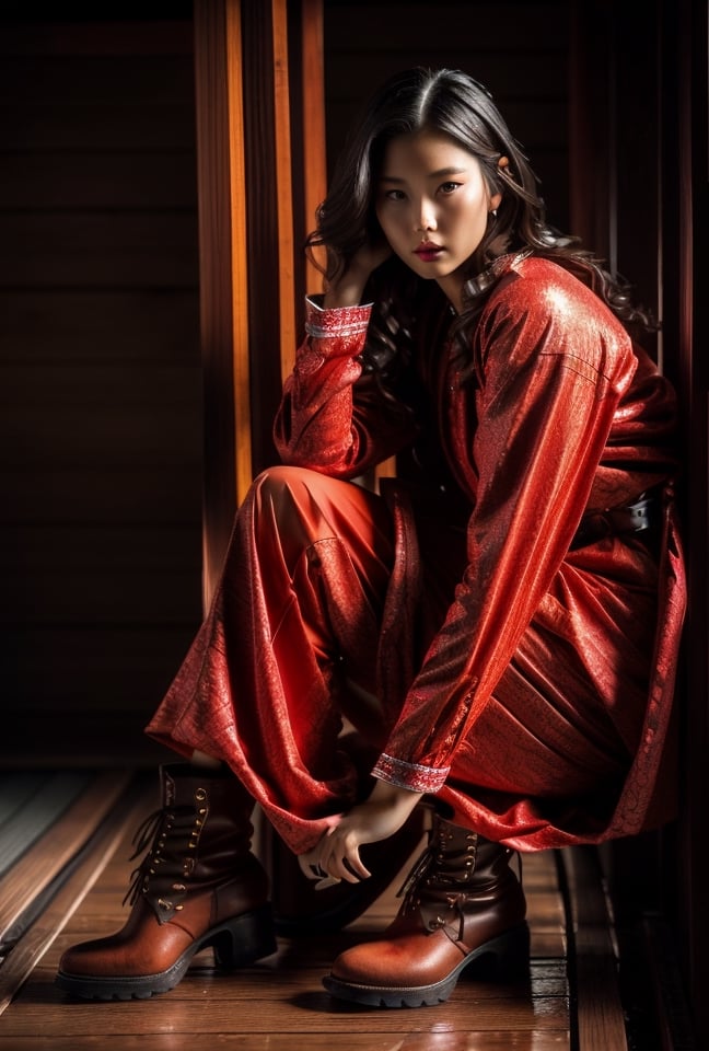 Night, Samurai Woman 30y.o, looking at viewer, with red costume, very detailed face, Best quality, masterpiece, ultra high res, (photorealistic:1.4), raw photo, glamour pose,  porcelain skin, too long boots, sexy female, perfect face, perfect hair, perfect lips, photorealistic, Samurai girl.