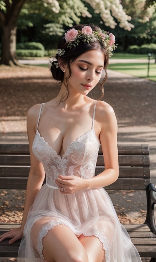  Sexy model with wedding dress sitting on bench in park,  romantic pose, flowers on the head, tulle on the shoulders, photographic close-up, sexy pose, looking at viewer, (realistic:1.4),  perfect body, perfect breasts, photorealistic, Makeup, hair tail,