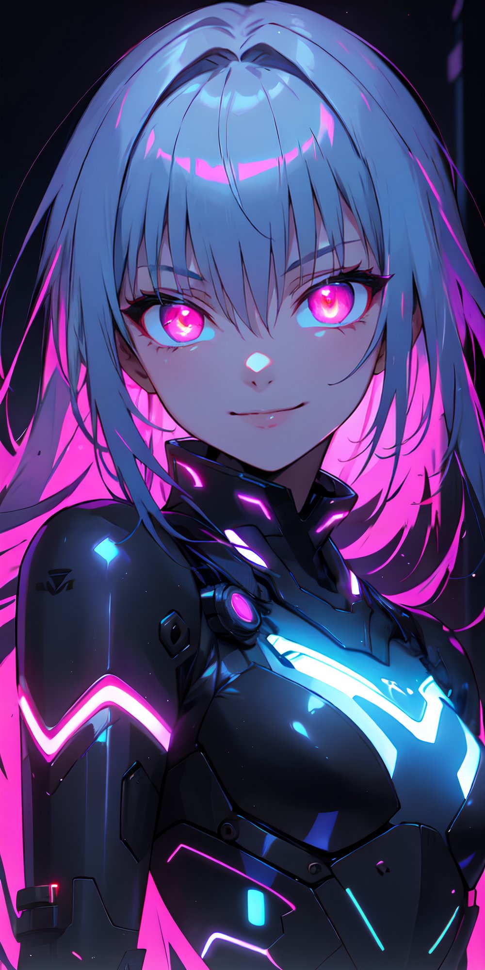 1girl, glowing advanced eyes, ultra-advanced tecnology, arrogant, glow_in_the_dark, glowing clothes, neon eyes,Neon Light, smile,r1ge,phyami