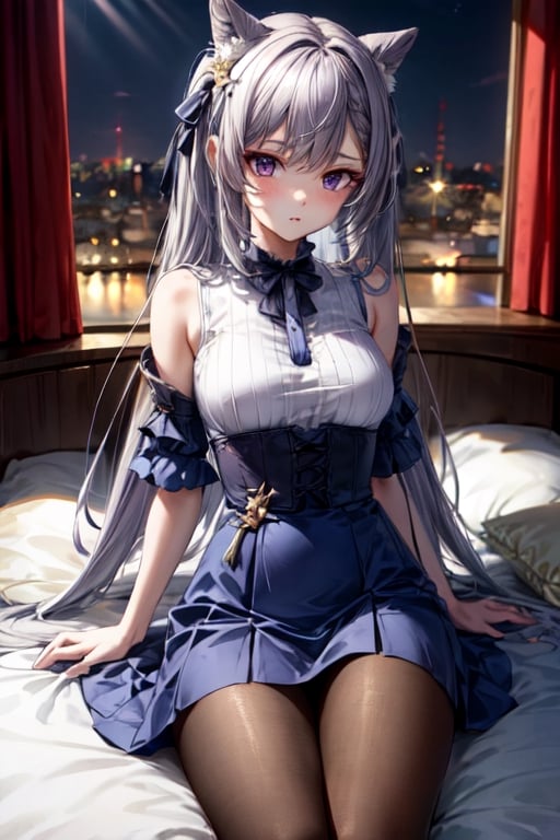 masterpiece, detailed, long hair, (slim body), bed, (virgin killer outfit, high-waist skirt, pantyhose), (keqingrnd)