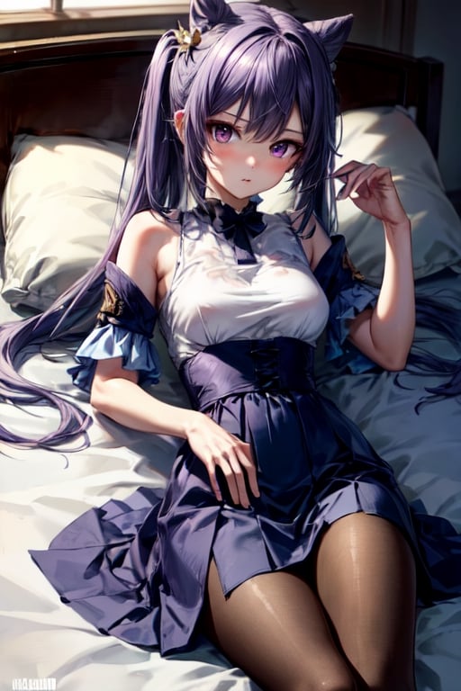 masterpiece, detailed, long hair, (slim body), bed, (virgin killer outfit, high-waist skirt, pantyhose), (keqingrnd)