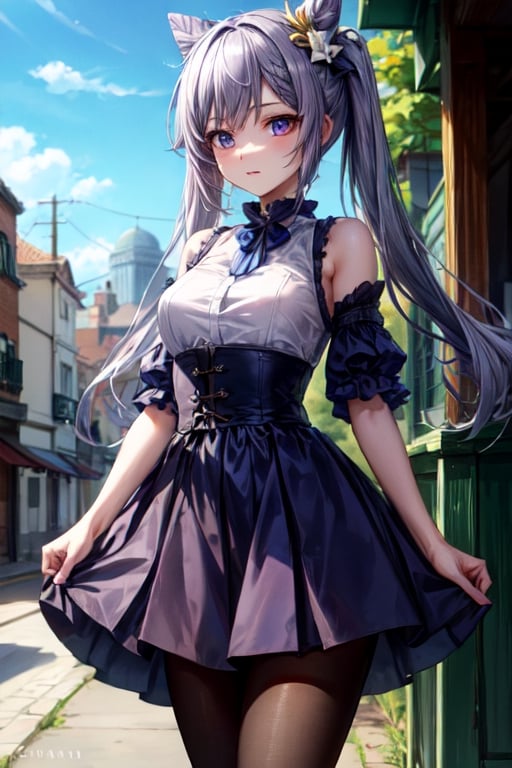 masterpiece, detailed, long hair, (slim body), out doors, (virgin killer outfit, high-waist skirt, pantyhose), (keqingrnd)