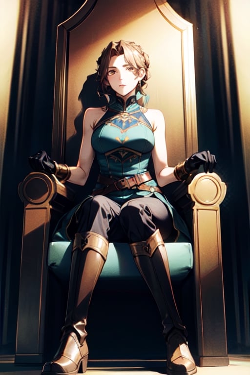 masterpiece, detailed, mature_female, throne, gloves, bare shoulders, boots, sleeveless, belt, pants, armor, brown footwear, black pants, knee boots, brown gloves, sitting