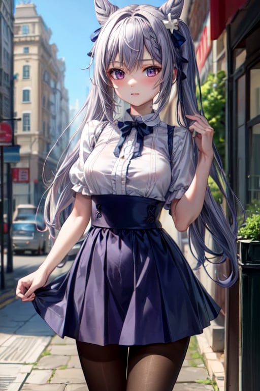 masterpiece, detailed, long hair, (slim body), out doors, (virgin killer outfit, high-waist skirt, pantyhose), (keqingrnd)