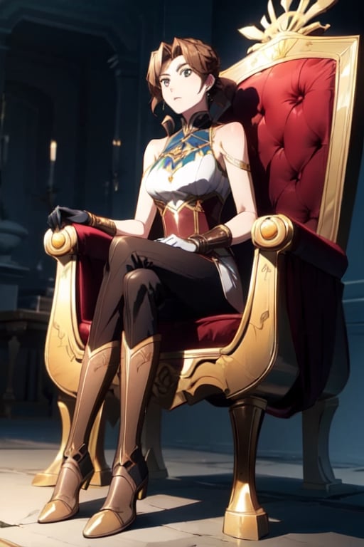 masterpiece, detailed, mature_female, throne, gloves, bare shoulders, boots, sleeveless, belt, pants, armor, brown footwear, black pants, knee boots, brown gloves, sitting