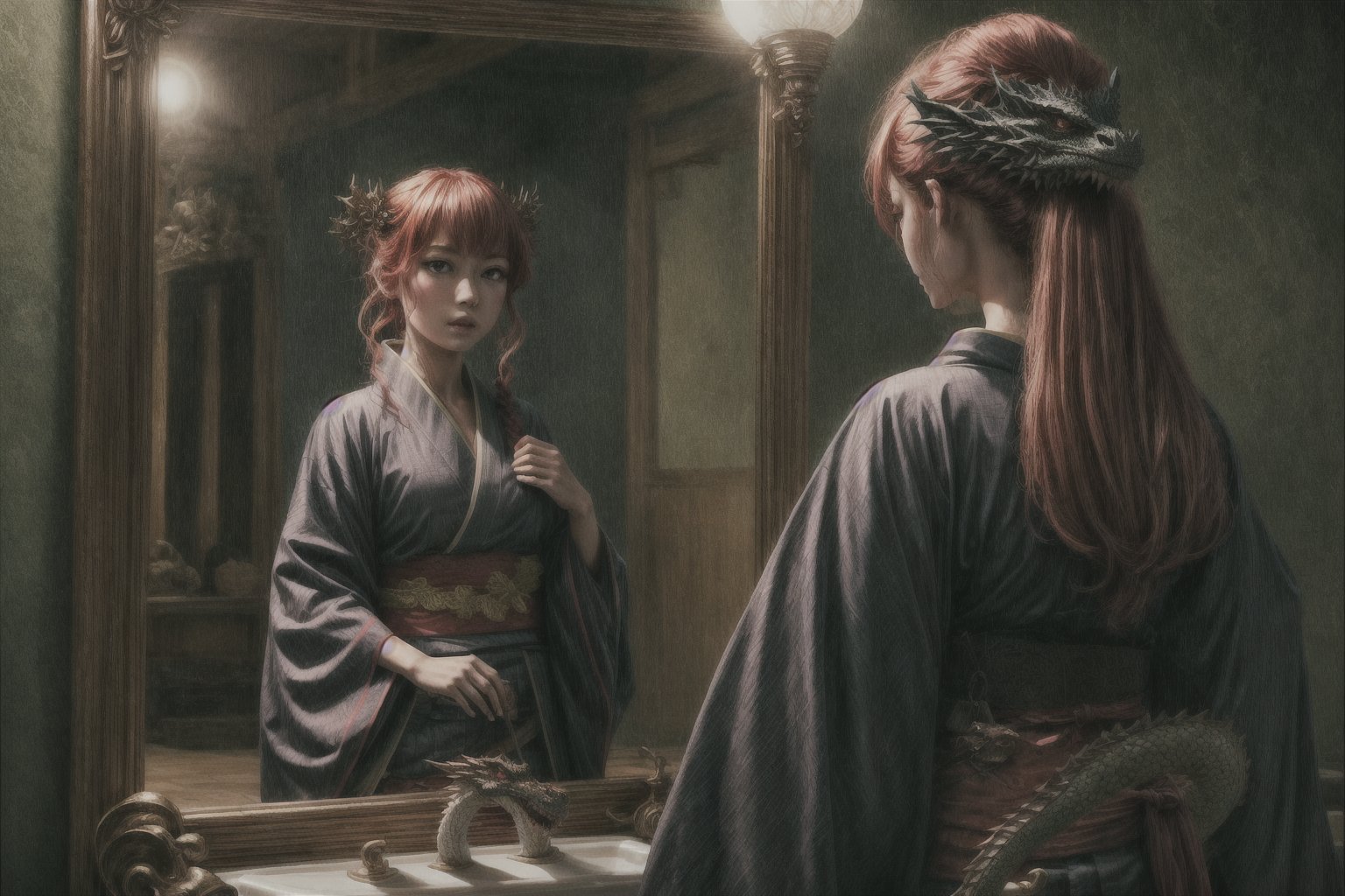 a girl standing above the mirror sea taming a dragon, red hair girl, black kimono, perfect face, perfect detail,