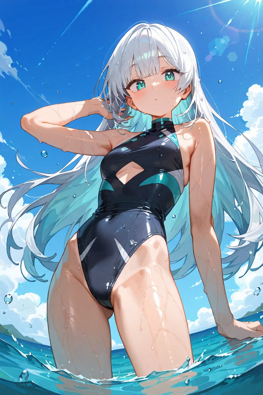 a girl with a ((cyan skin)), black swimsuit, in the sea, a background of a cloudy and rainy day with some stones, cowboy shot, masterpiece, shy, wet, lens perpective, white hair, purple and cyan crystals, perfect anatomy, shiny skin, best aesthetic, (dynamic angle), (sharp image), depth of field, NEGATIVEFORANIME, score_7_up, score_8_up, score_9, (score_7_up:0.8), official art, (score_6_up:0.8), BREAK, masterpiece, highres, zPDXL3, DeepNegative_xl_v1, masterpiece, best quality, line art, kawaii aesthetic, 32k uhd, multilayer