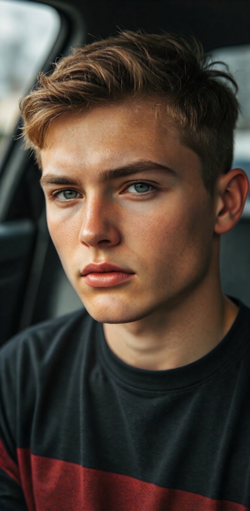 a close-up shot of a young man's face is seen in a car window. The man's eyes are a piercing blue,  and he has a serious e...