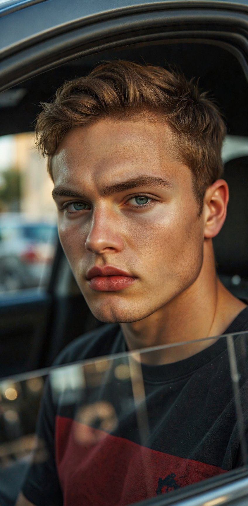 a close-up shot of a young man's face is seen in a car window. The man's eyes are a piercing blue,  and he has a serious e...