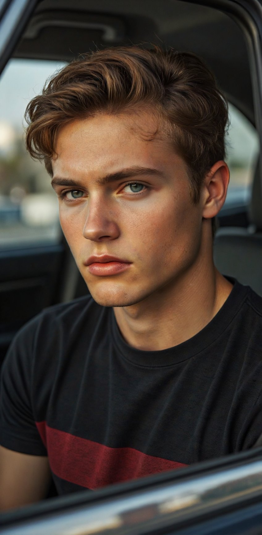 a close-up shot of a young man's face is seen in a car window. The man's eyes are a piercing blue,  and he has a serious e...