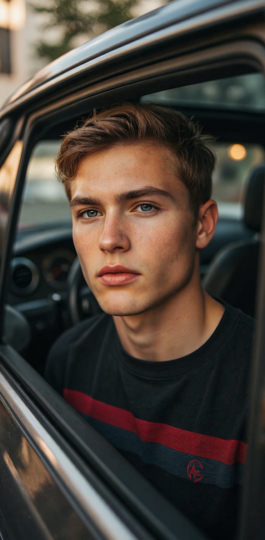 a close-up shot of a young man's face is seen in a car window. The man's eyes are a piercing blue,  and he has a serious e...
