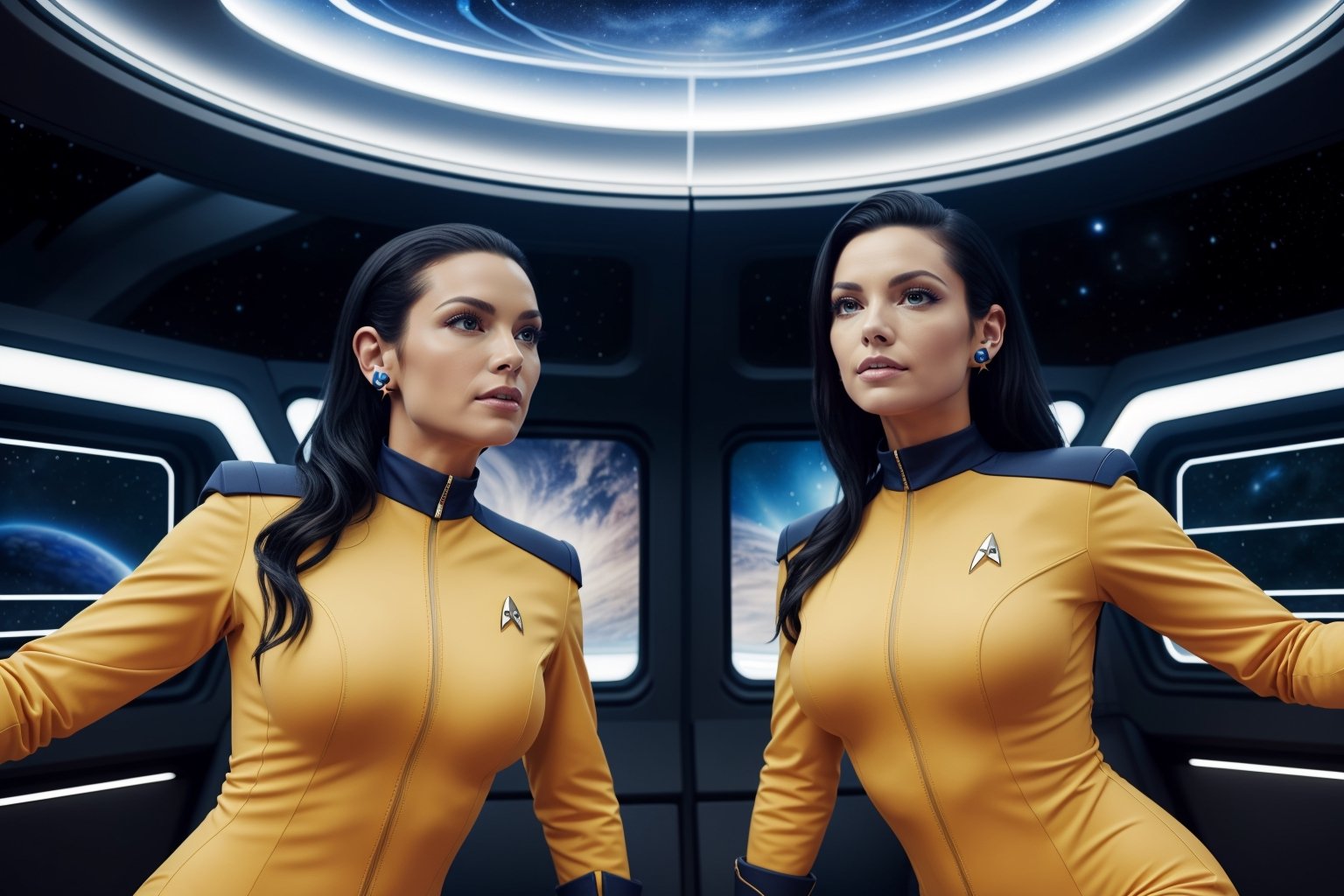 Star Trek,  Two Busty females,  One wearing yellow star trek uniforms by BigBot on Tensor.Art