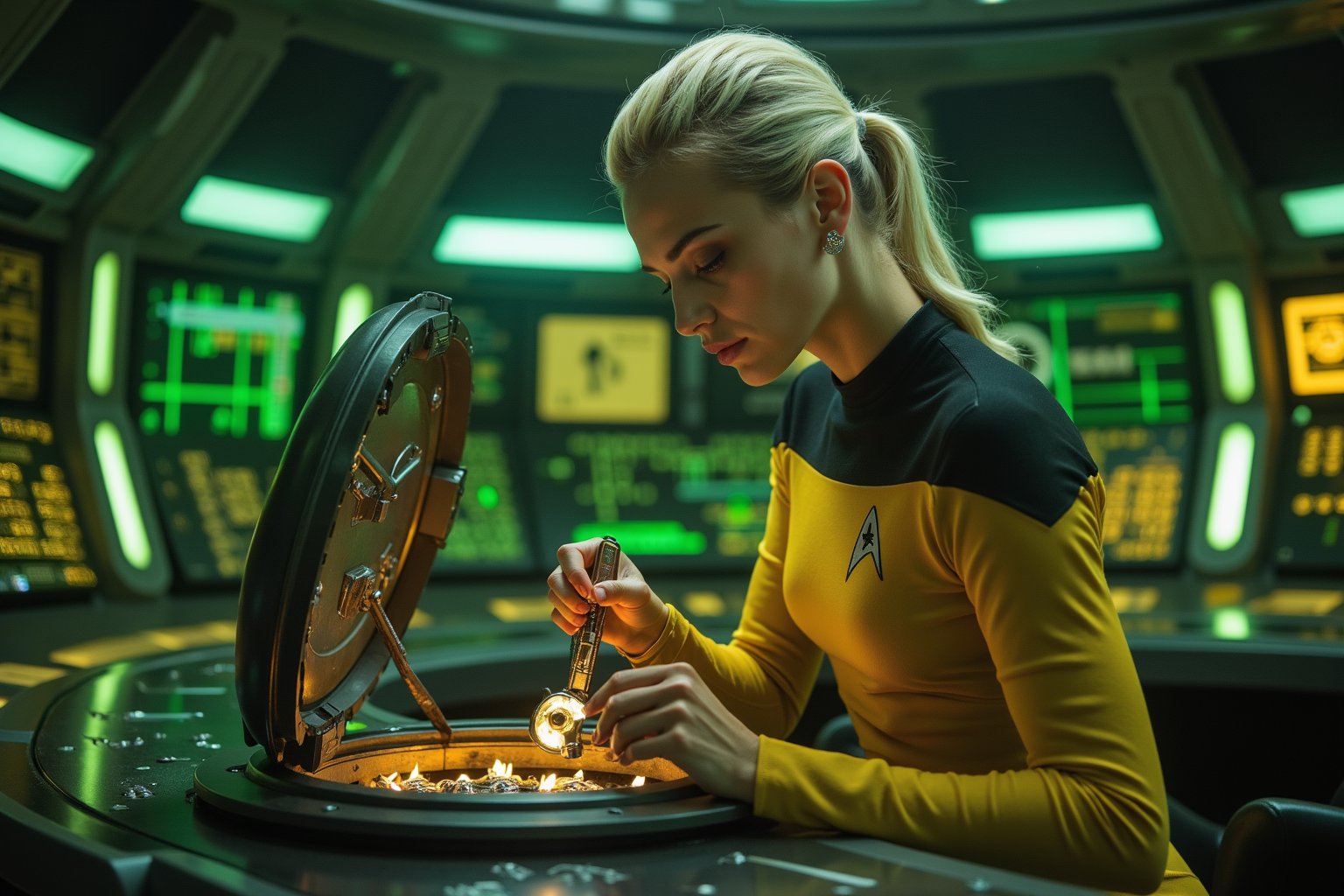 futuristic Star Trek themed ship with one beautiful blonde woman in star trek yellow uniform on the bridge, cinematic, spaceship, tight costume, she holds a spanner tool in her hand, She is working on an open console hatch. trying to repair it. The background is lit up with green and yellow control panels and screens with cinematic lighting.