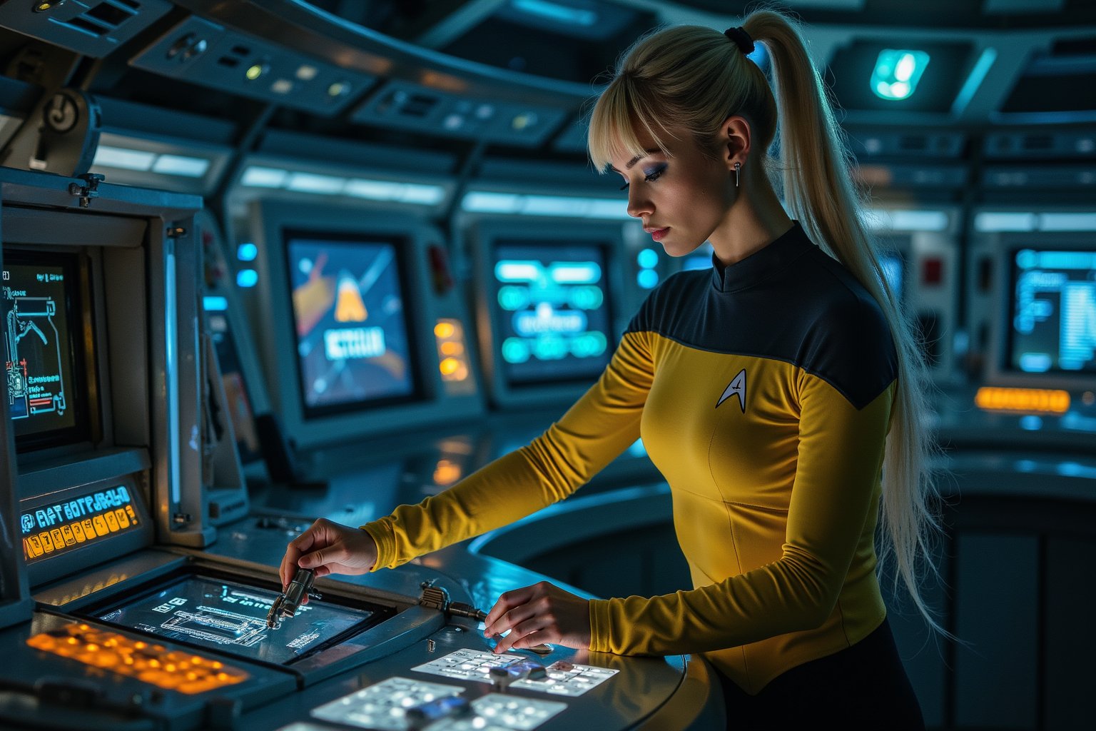 futuristic Star Trek themed ship with one beautiful blonde woman in star trek yellow uniform on the bridge, cinematic, spaceship, tight costume, she holds a futuristic tool in her hand, She is working on an open console hatch. trying to repair it. The background is lit up with blue and orangfe control panels and screens with cinematic lighting.