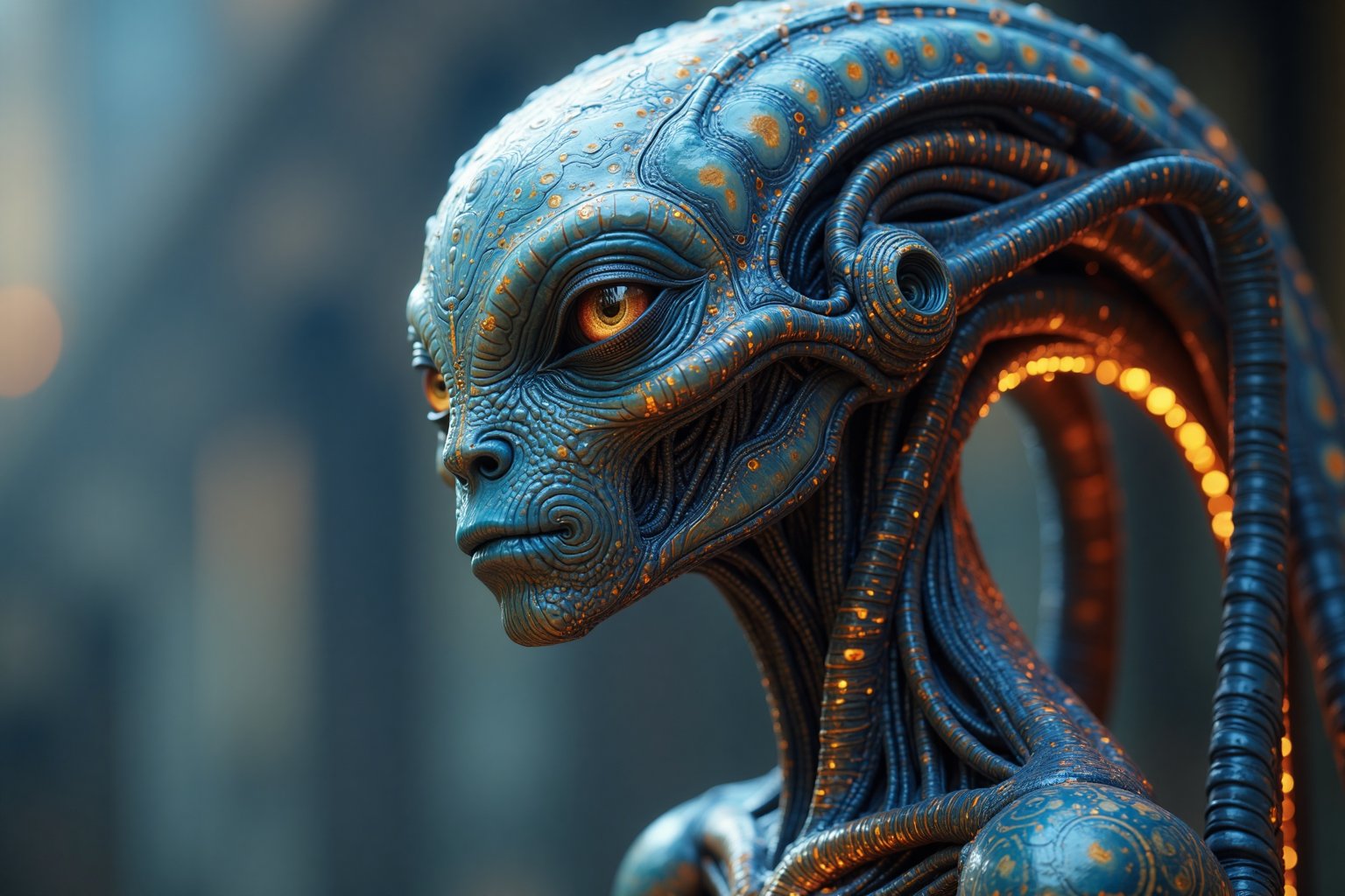 most perfect looking strange, very intricate,  friendly alien, with blue and grey colour schemes.