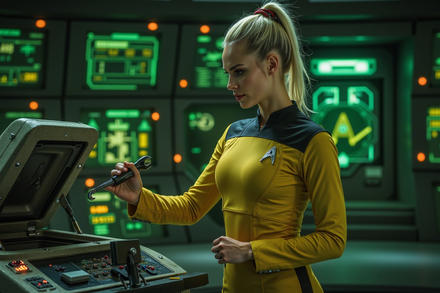 futuristic Star Trek themed ship with one beautiful blonde woman in star trek yellow uniform on the bridge, cinematic, spaceship, tight costume, she holds a spanner tool in her hand, She is working on an open console hatch. trying to repair it. The background is lit up with green and yellow control panels and screens with cinematic lighting.