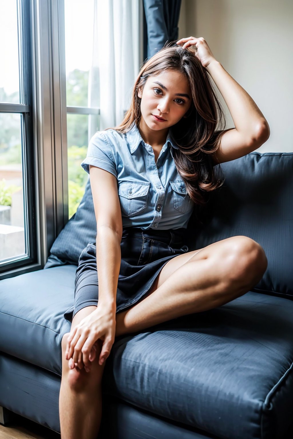 A young girl, beautiful face, wearing (cream colored shirt:1.2), skirt, beautiful medium breasts, wavy long hair, detailed hairy arm, (corner room background),full body, lay back on a couch ,photorealistic,REALISTIC, sunray, near window, fashion model, ((arms_at_sides)), ((spreading_legs))