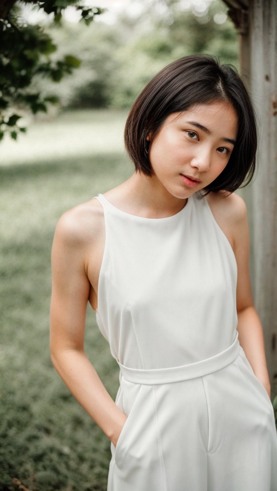 A young tomboy girl, bob_cut, solo, detailed face, detailed skin, small size breasts, looking_at_viewer, full body, long white wedding gown, outdoor