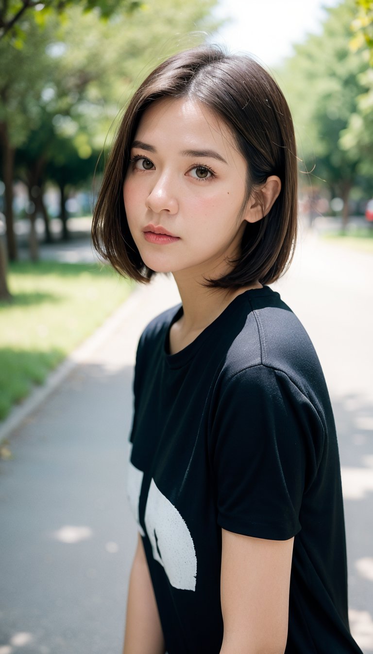 (bokeh:1.2), A beautiful tomboy woman, upper_body, (bangs), thinking about her boyfriend while wandering in a park, short straight hair, black shirt, short sleeves, trees, blue_sky, looking_at_viewer, facing_viewer, park, sunlight, morning, tsundere expression, detailed skin,mt-raisa