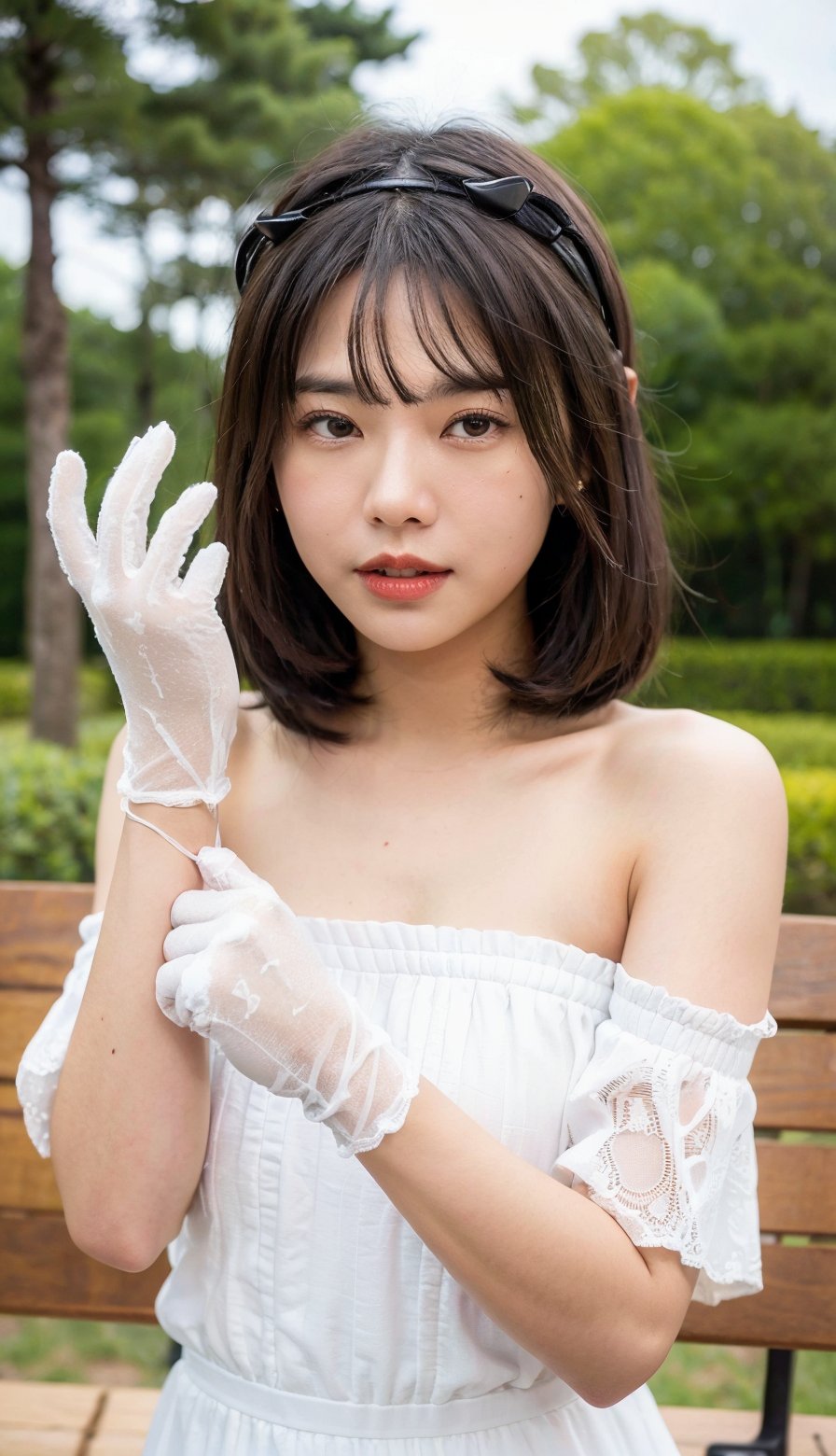 (bokeh), portrait of a tomboy 20 years old girl, small face, long white dress, sitting on a bench, hairband, short straight hair, bangs, upper_body, detailed skin, off shoulder, outdoor, mole_under_eye, looking_at_viewer, centered, happy_face, white_glove, one_eye_closed ,Indonesiadoll,adjusting gloves