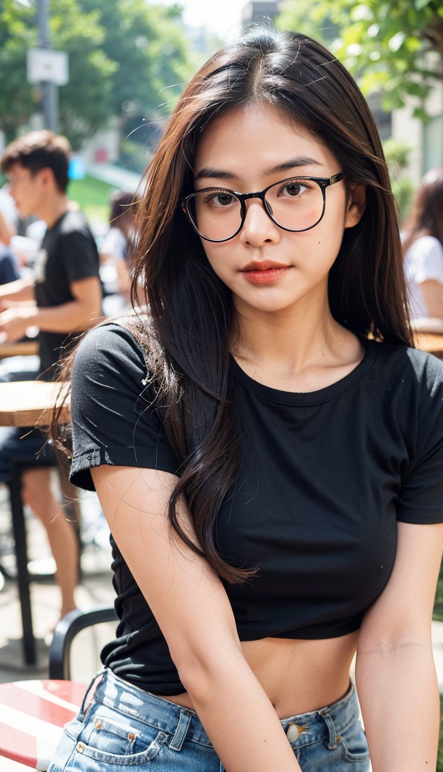 (bokeh), portrait of a smart young girl, wavy hair, upper_body , black shirt, short_sleeves, outdoor cafe, mole_under_eye,glasses,facial_expressions,Indonesiadoll