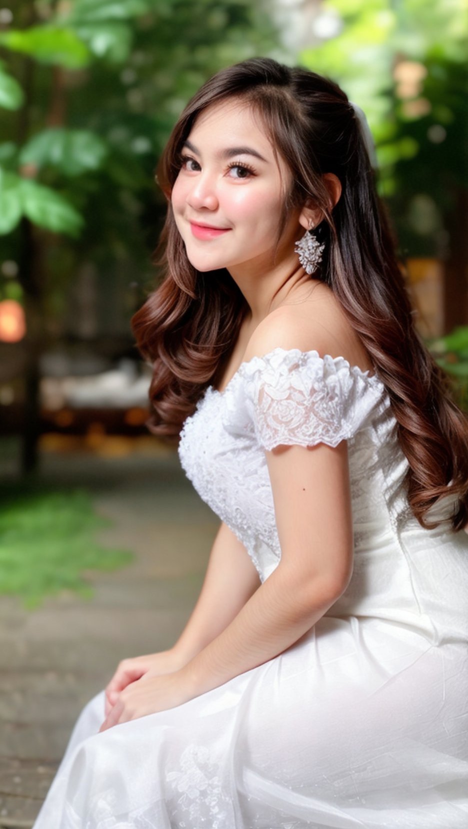 A young girl, long wavy hair, solo, charmimg detailed face, focus on face, smile, small size breasts, full body, long white wedding gown, hairy legs, outdoor 