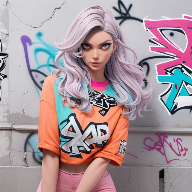 Best quality, masterpiece, 1woman Punk style , standing in front of a graffiti covered wall, red orange, like been, cyan, Violet,  kpop amino, long light grey hair, light Pink and cyan hair,  chalk white skin, realistic, sfumato,  vray, meticulous detailing , cowboy shot, dancer poses ,Detailedface,Detailedeyes,3DMM