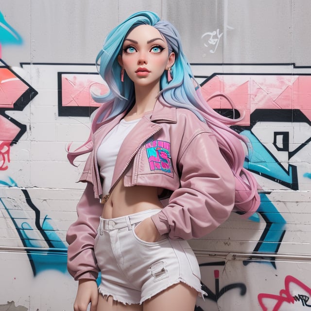 Best quality, masterpiece, 1woman Punk style , standing in front of a graffiti covered wall, red orange, like been, cyan, Violet,  kpop amino, long light grey hair, light Pink and cyan hair,  chalk white skin, realistic, sfumato,  vray, meticulous detailing , cowboy shot, dancer poses ,Detailedface,Detailedeyes,3DMM