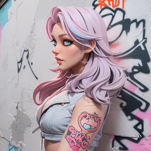 Best quality, masterpiece, 1woman Punk style , standing in front of a graffiti covered wall, red orange, like been, cyan, Violet,  kpop amino, long light grey hair, light Pink and cyan hair,  chalk white skin, realistic, sfumato,  vray, meticulous detailing , cowboy shot, dancer poses ,Detailedface,Detailedeyes,3DMM