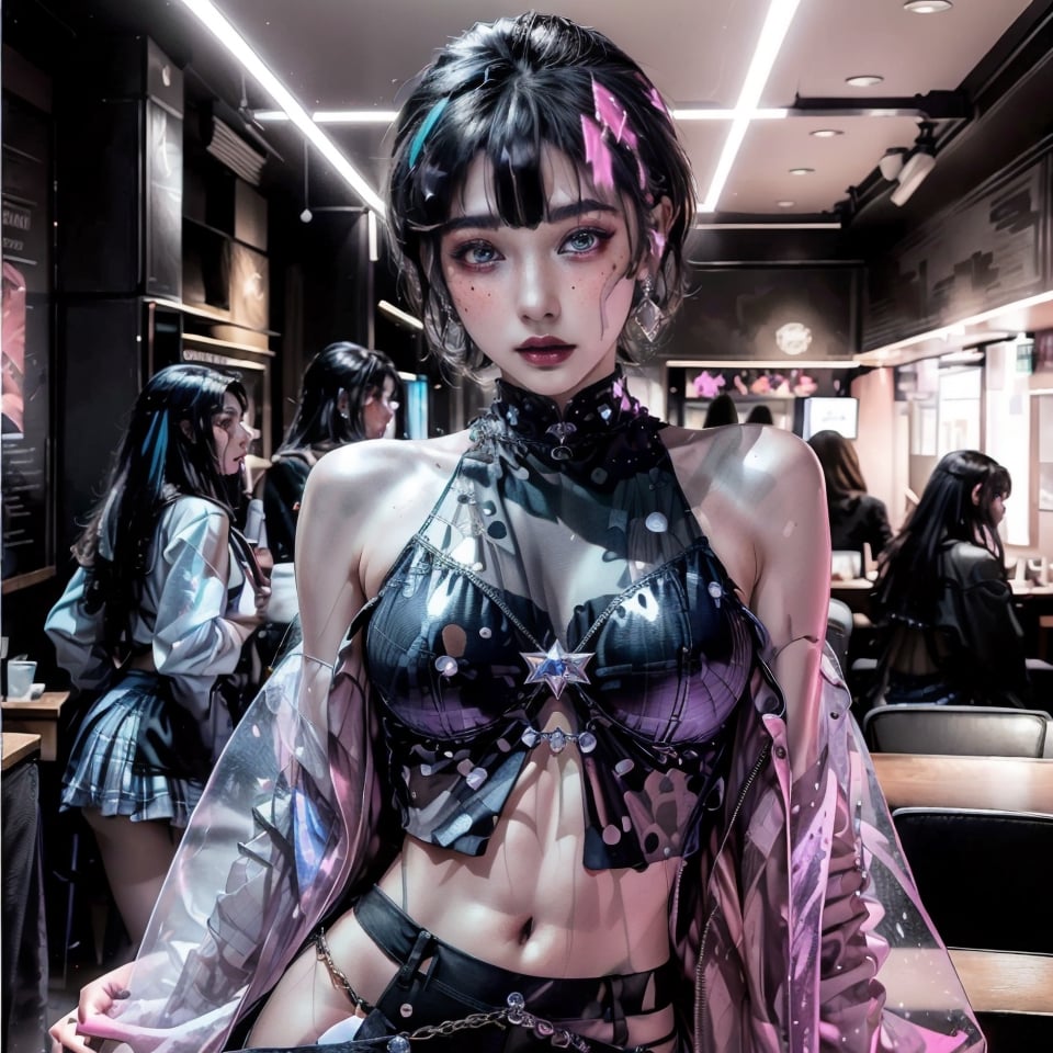 close_up, artwork featuring one female figures, short-hair blue black hair, grunge , jewelery  , stars, freckles, goth makeup, big eyes, wearing heavy jewelry, pink sheer crop top shirt metallic silver purple plaid blazer and tiny skirt, inside a Starbucks NYC , created by a renowned artist, showcasing intricate details and vibrant colors. Official art quality with a strong aesthetic appeal. Detailed eyes, High resolution rendering in 4K, full_body, sexy pose,SAM YANG,High detailed ,Color magic,Saturated colors,Color saturation ,z1l4