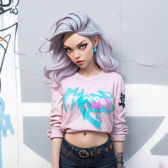 Best quality, masterpiece, 1woman Punk style , standing in front of a graffiti covered wall, red orange, like been, cyan, Violet,  kpop amino, long light grey hair, light Pink and cyan hair,  chalk white skin, realistic, sfumato,  vray, meticulous detailing , cowboy shot, dancer poses ,Detailedface