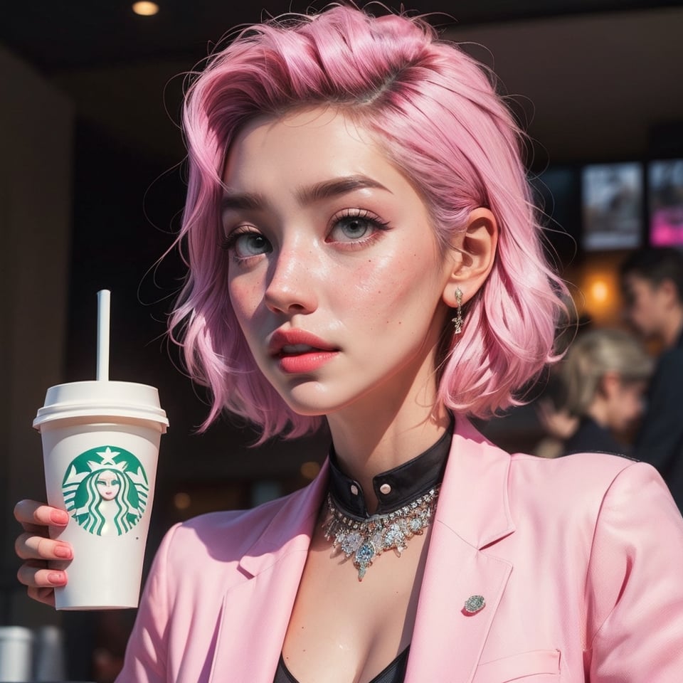 close_up, artwork featuring one female figures, short-hair neon_pink bright pink hair, grunge , jewelery  , freckles, big eyes, Streetwear, wearing heavy jewelry, pink sheer crop top shirt pink plaid blazer and tiny skirt, inside a Starbucks NYC , created by a renowned artist, showcasing intricate details and vibrant colors. Official art quality with a strong aesthetic appeal. Detailed eyes, High resolution rendering in 4K, full_body, sexy pose,SAM YANG,High detailed ,Color magic,Saturated colors