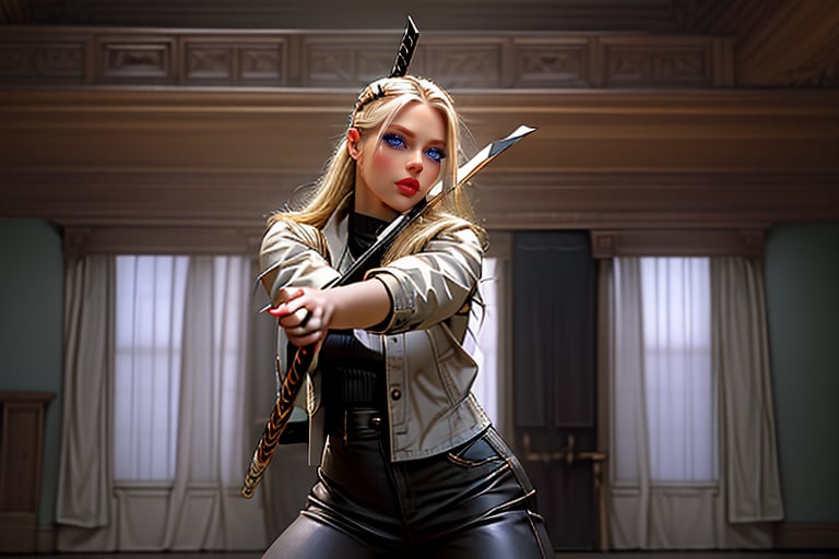 (Masterpiece, best quality), a woman holding a stake in a room, choreographed fight scene, holding a stake, clothes in the style of 1 9 9 0, taurus, a sexy blonde warrior, young Sarah Michelle Gellar, fighting stance energy, very aesthetic!!!!!!!!!!!!!!!, Buffy the vampire Slayer, wearing a cropped tops, jester, inspo