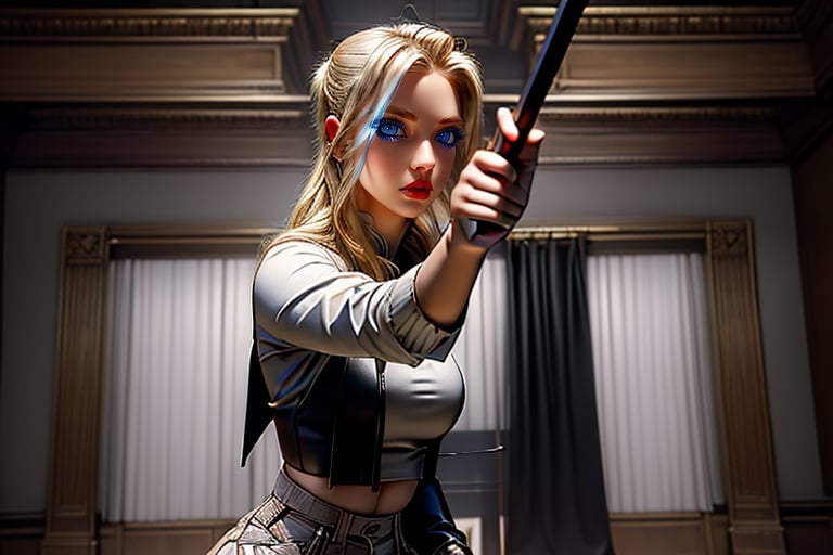 (Masterpiece, best quality), a woman holding a stake in a room, choreographed fight scene, holding a stake, clothes in the style of 1 9 9 0, taurus, a sexy blonde warrior, young Sarah Michelle Gellar, fighting stance energy, very aesthetic!!!!!!!!!!!!!!!, Buffy the vampire Slayer, wearing a cropped tops, jester, inspo