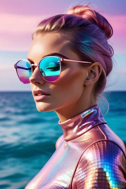 dramatic photography of a fashion model wearing an iridescent holographic colored super smooth shiny pink calm ocean texture pattern with glasses commercial photography long shot --stylize 600 --v 6.0