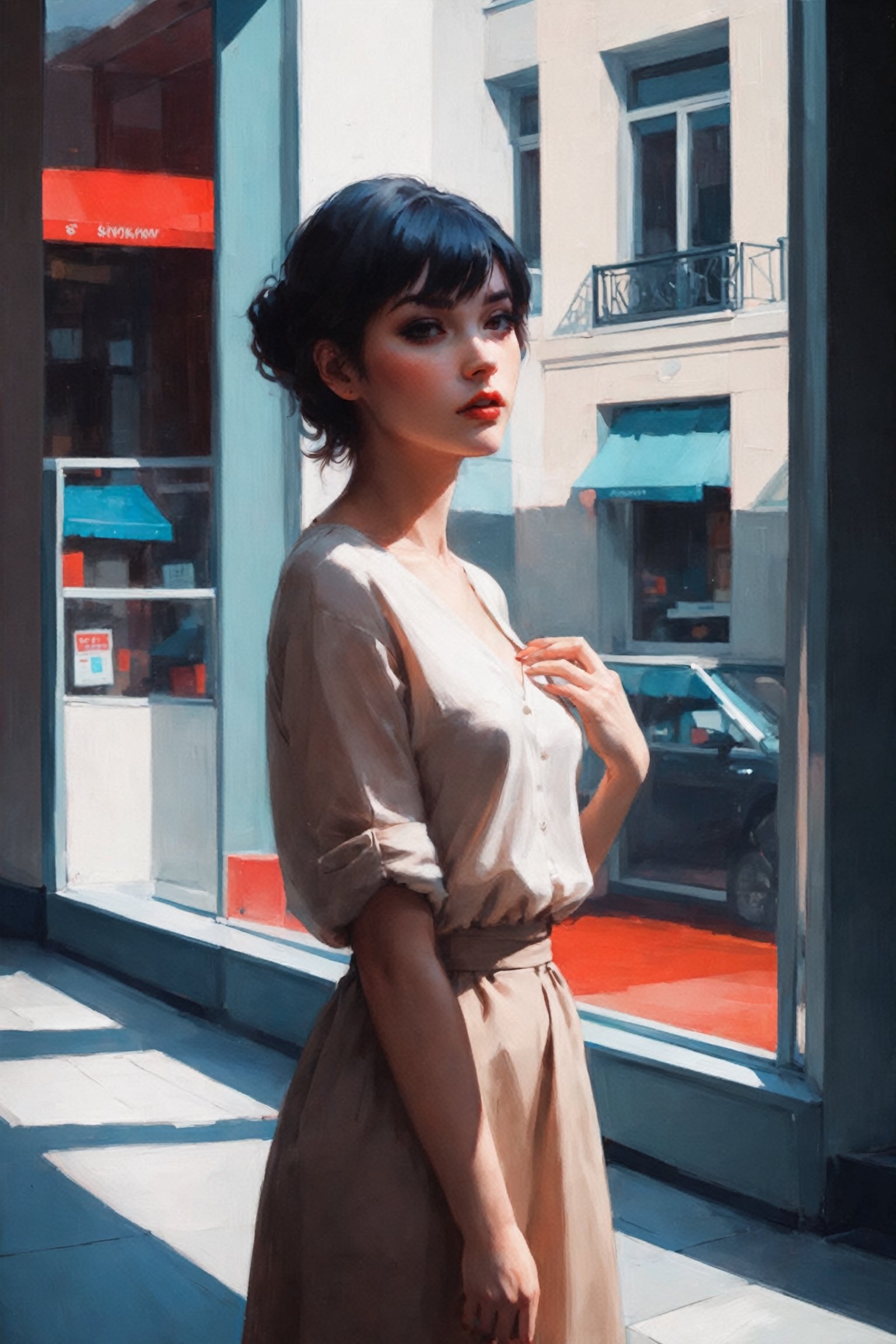 in style of Ilya Kuvshinov,  full body portrait of an insanely beautiful woman Looking in the windows of a store by Paroda...