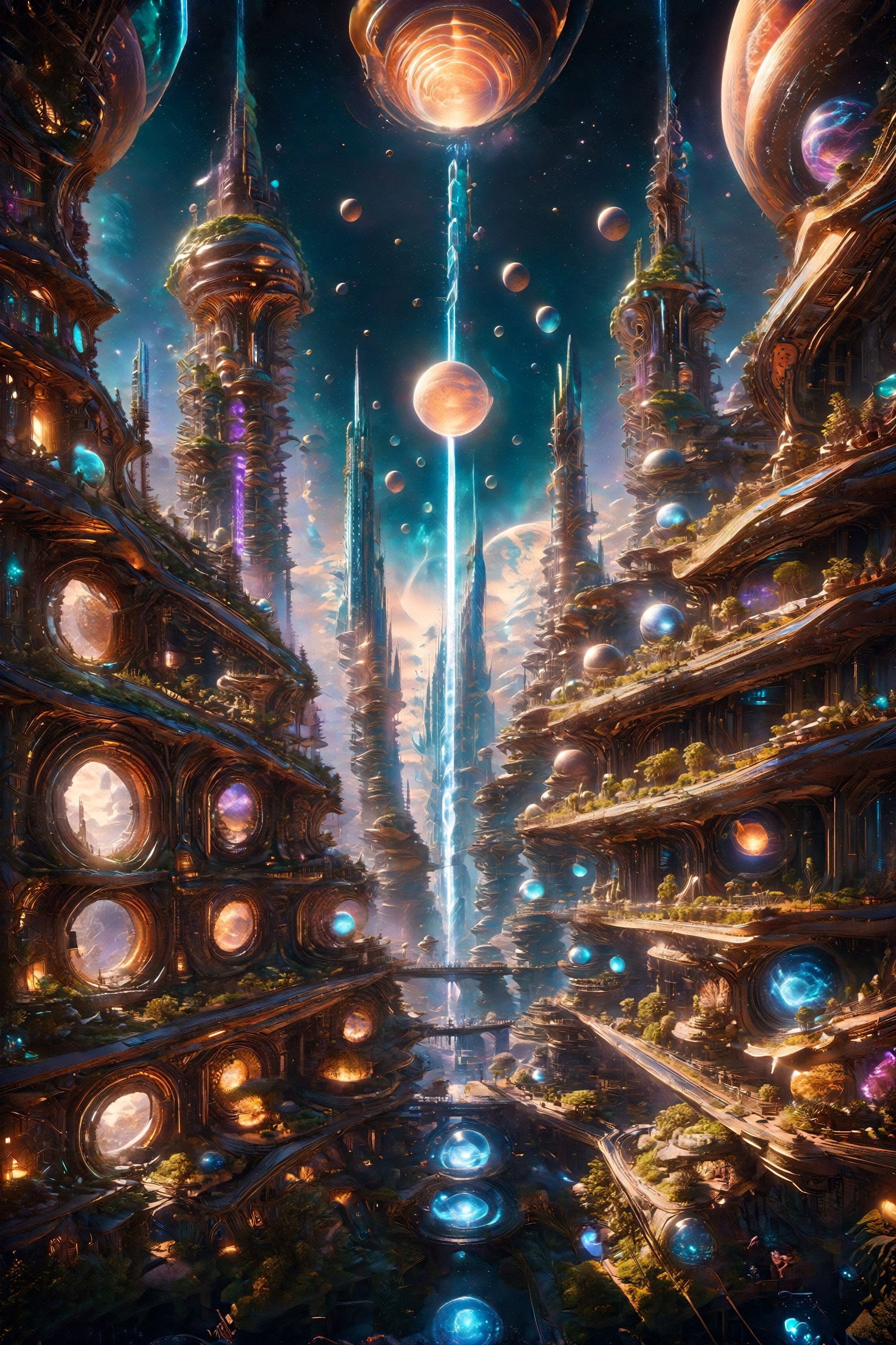 A Photograph capturing the mesmerizing beauty of a futuristic megalopolis planet, rendered in stunning 8K resolution. Behold an intergalactic labyrinth where advanced technology and enigmatic extraterrestrial life forms coalesce in a bewildering spectacle. From above, witness a pulsating cityscape defying gravity, holographic streets forming intricate patterns, and a planet's surface pulsating with avant-garde flair. Immerse yourself in neon-lit pathways that twist like neural connections, structures defying physics, gardens resembling bioluminescent fractals, and cascading waterfalls with inexplicable geometries. This mind-bending realm challenges space and time, leaving you captivated by its paradoxical wonder.,Sci-fi ,Renaissance Sci-Fi Fantasy