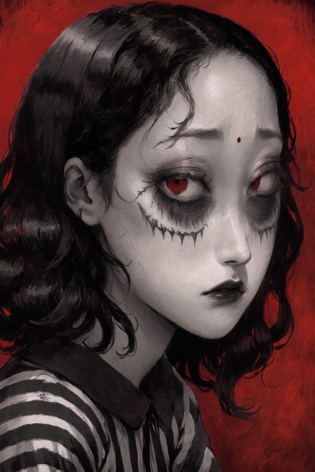 Huge and terrifying,perspective,JunjiIto,JunjiIto_qz, 1girl, solo, black hair, mole under mouth, looking at viewer, mole, red background, portrait, hair over one eye, wide-eyed, monochrome, traditional media, one eye covered, 