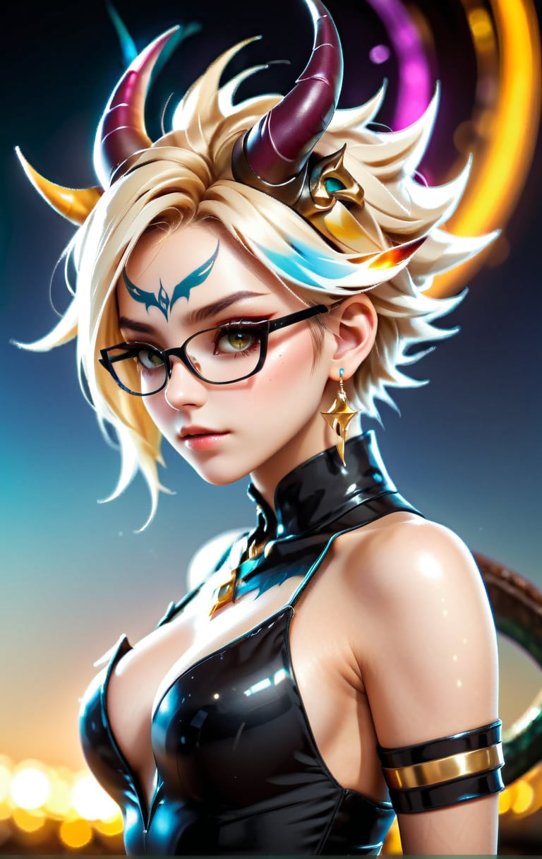 1 girl, dark blond hair, golden reflections hair, short hair, spiky hair, floating hair, feathered hair, glasses, 2 horns on the head, ((horn, jewelry)), dragon girl, black eyeshadow, black and gold outfit, best quality, golden eyes, European model, ((tattoo)), masterpiece, beautiful and aesthetic, high contrast, 16K, (HDR:1.4), lens flare, (vibrant color:1.4), cinematic lighting, ambient lighting, sidelighting, wide shot, ultra realistic illustration, anime style, Full length side view, deep V shirt, shirt unbuttoned, Pale skin, earrings, shape body, artbook artwork, detailed beautfiul face, sculpting, sharp focus, emitting diodes, sparks, 4 k resolution