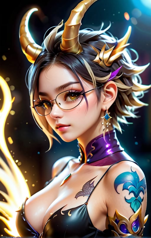 1 girl, dark blond hair, golden reflections hair, short hair, spiky hair, floating hair, feathered hair, glasses, 2 horns on the head, ((horn, jewelry)), dragon girl, black eyeshadow, black and gold outfit, best quality, golden eyes, European model, ((tattoo)), masterpiece, beautiful and aesthetic, high contrast, 16K, (HDR:1.4), lens flare, (vibrant color:1.4), cinematic lighting, ambient lighting, sidelighting, wide shot, ultra realistic illustration, anime style, Full length side view, deep V shirt, shirt unbuttoned, Pale skin, earrings, shape body, artbook artwork, detailed beautfiul face, sculpting, sharp focus, emitting diodes, sparks, 4 k resolution,haohaovietnam