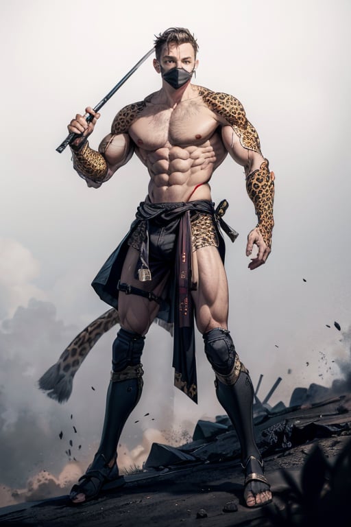 leopard, ninja,weapon, detalied_background,dust_particles, full_body,man, muscular_body