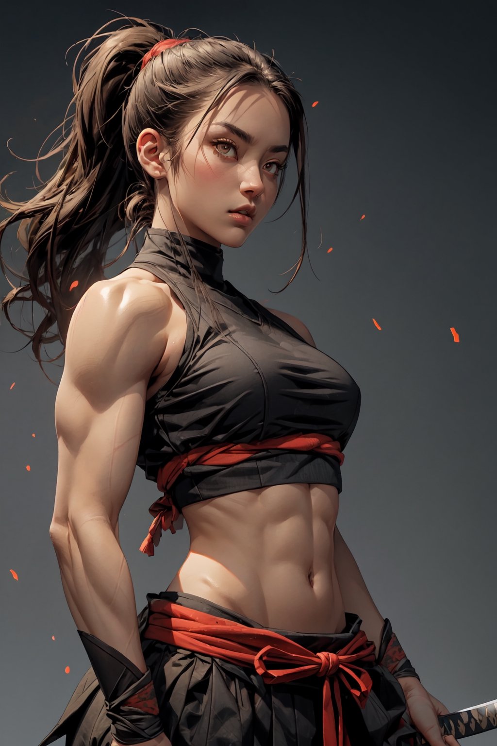 (best quality), (UHQ, 8k, high resolution), Generate a high-resolution pixel art masterpiece , put emphasis on the character was a samurai, she wearing a crop-top, she has a pony tail and she has pretty muscular anatomy,she is attractive and seductive,glowing eyes,katana,weapon