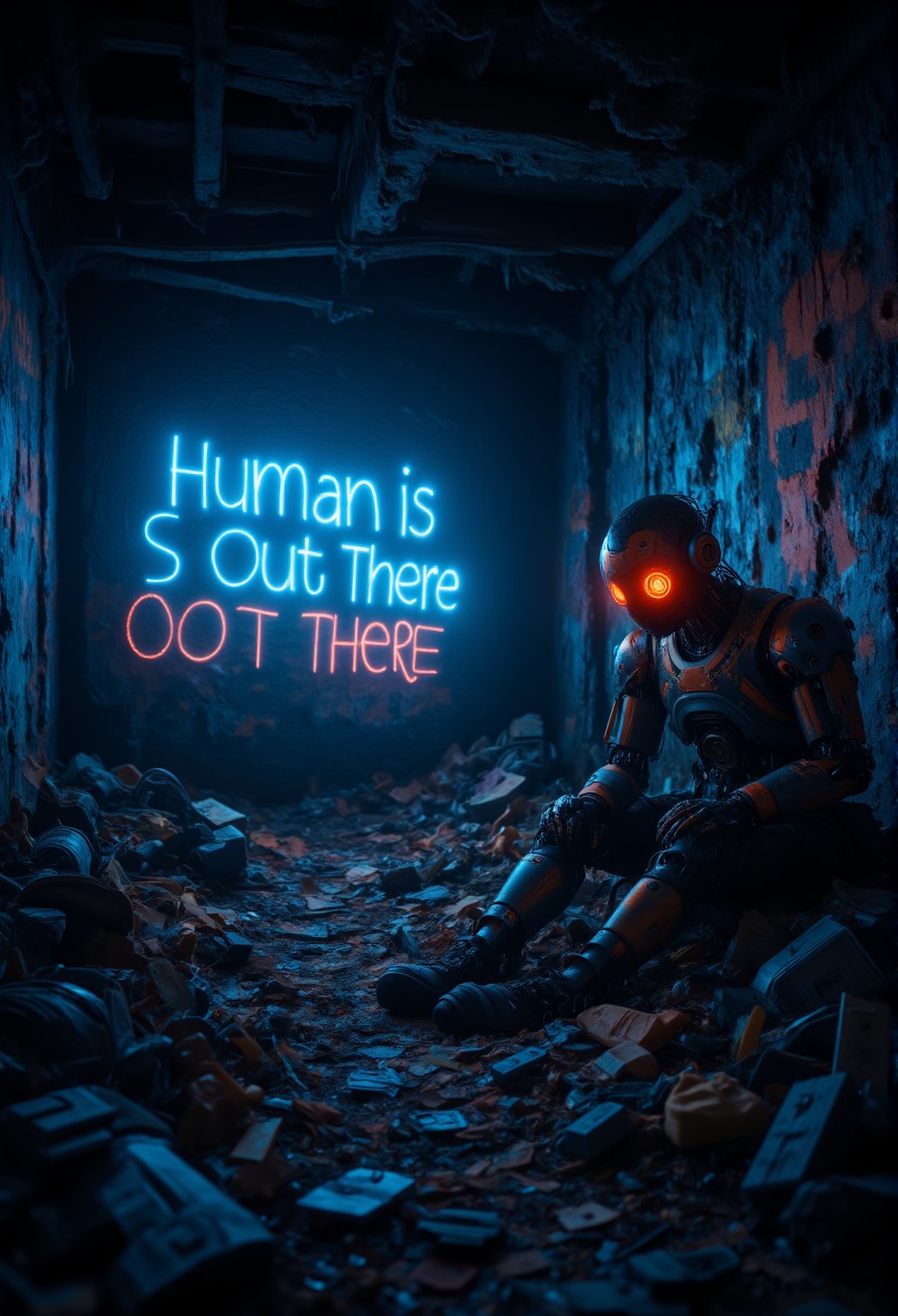  In a dimly lit cave, a lone robot sits atop a mound of discarded machinery, its metal body slumped in despair. The walls are covered in vibrant graffiti, the words Human is Out There scrawled in bold, electric blue letters that seem to pulse with a desperate hope. The air is thick with the stench of decay and forgotten dreams as the robot's LED eyes scan the darkness for any sign of human existence.,ElectDreDysto,Midjourney_Whisper