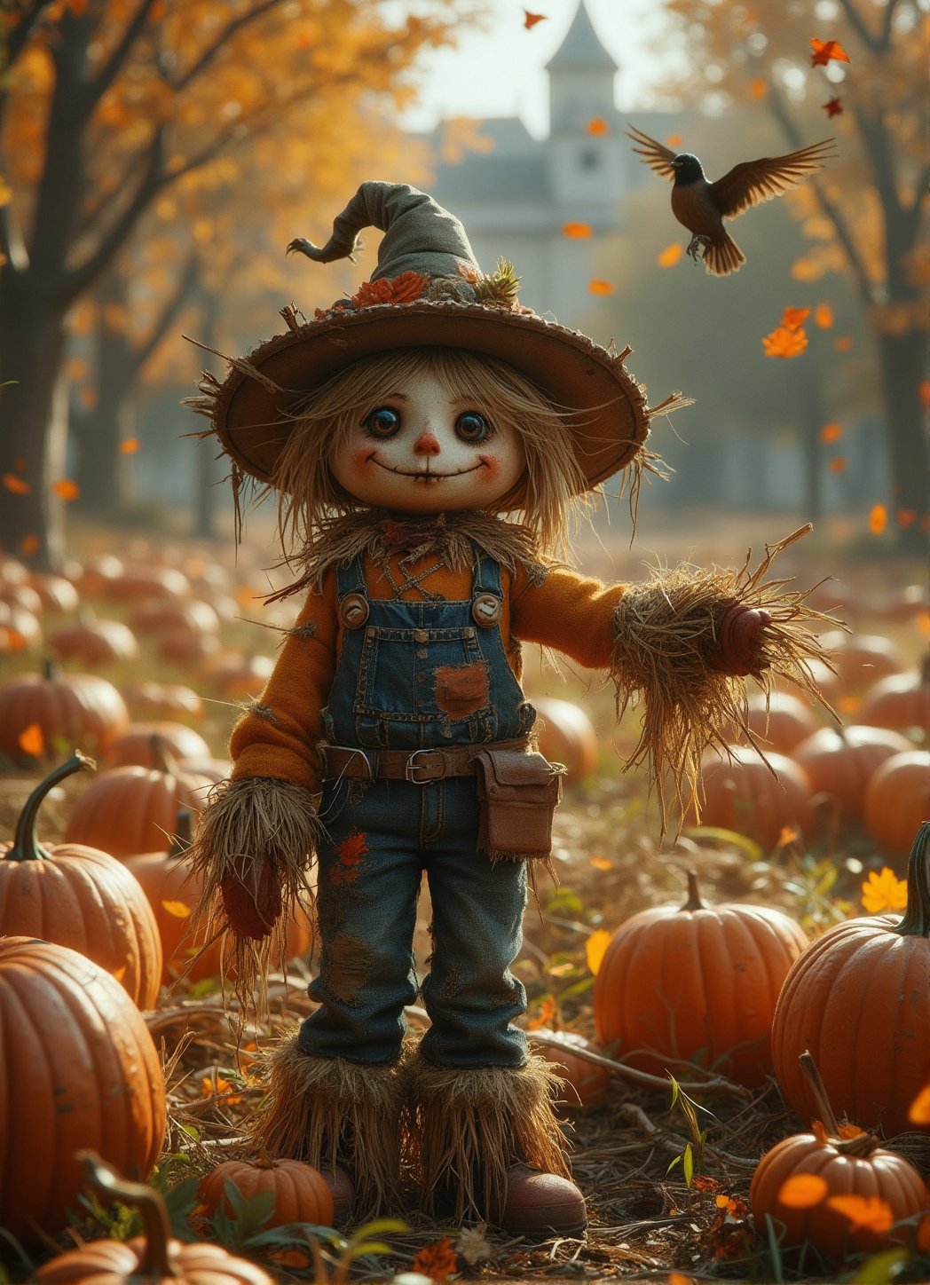 A small scarecrow with a cheerful smile and button eyes stands in the middle of a colorful pumpkin patch. Dressed in a tiny, patchwork outfit with oversized gloves, it waves a straw hand at passing birds. The warm sunlight highlights the textures of the hay, while a gentle breeze playfully rustles its floppy hat. DarkHalloween,justart01,Fantasy detailers,